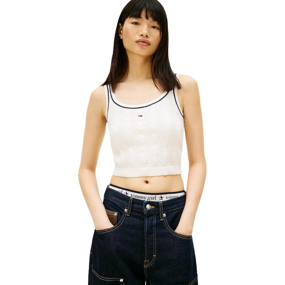 imageTommy Jeans Womens Cotton Cable Pullover Crewneck Tank Sweater with Knit Flag PrintAncient White