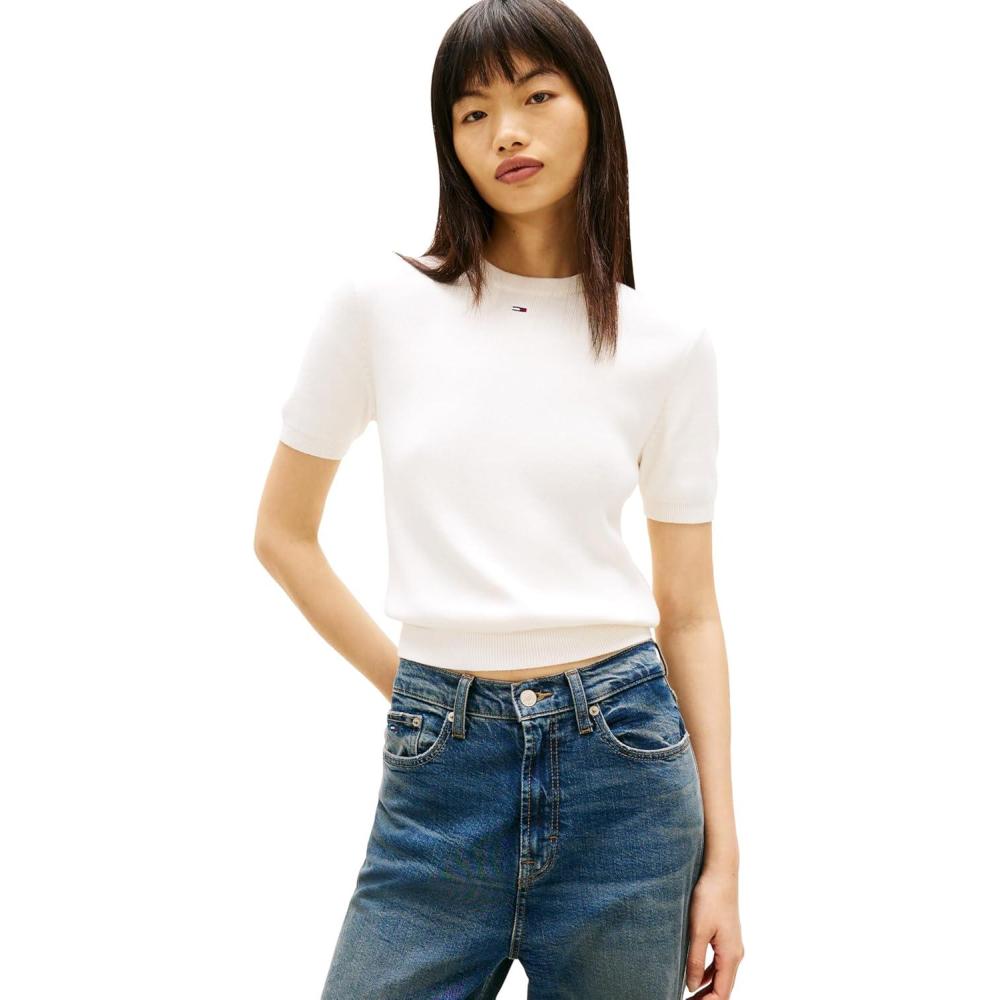 imageTommy Jeans Womens Essential Cotton Crewneck Short Sleeve Sweater with Embroidered Flag LogoAncient White