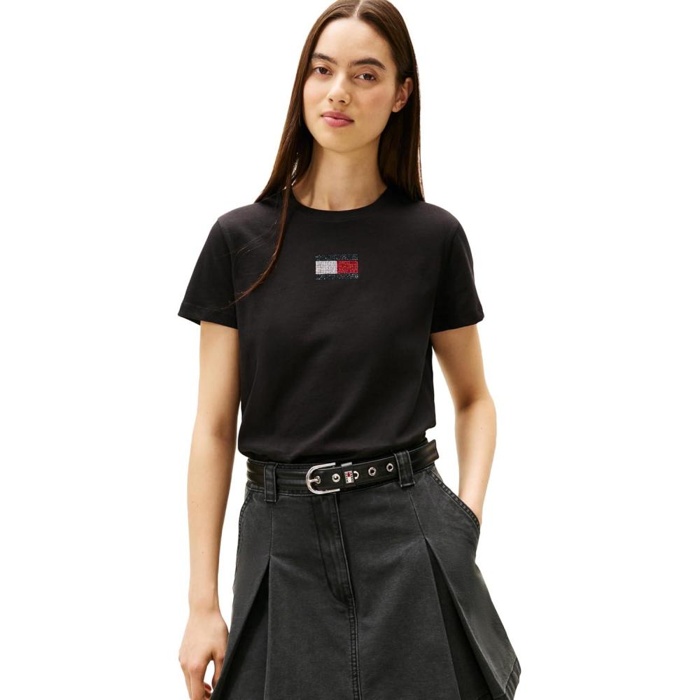 imageTommy Jeans Womens Graphic Tee with Rhinestone Flag DetailBlack