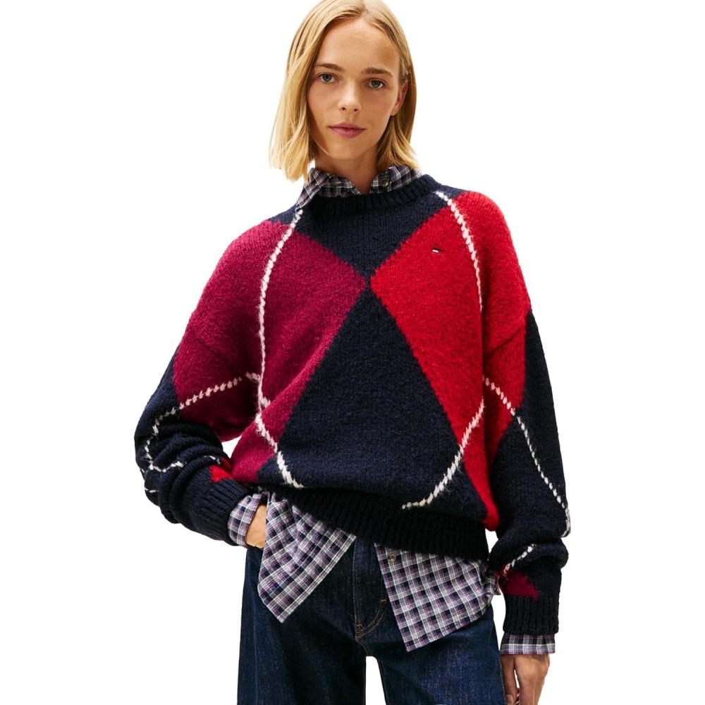 imageTommy Jeans Womens Long Sleeve Argyle Pullover Crewneck Sweater with Embroidered LogoDark Night Navy