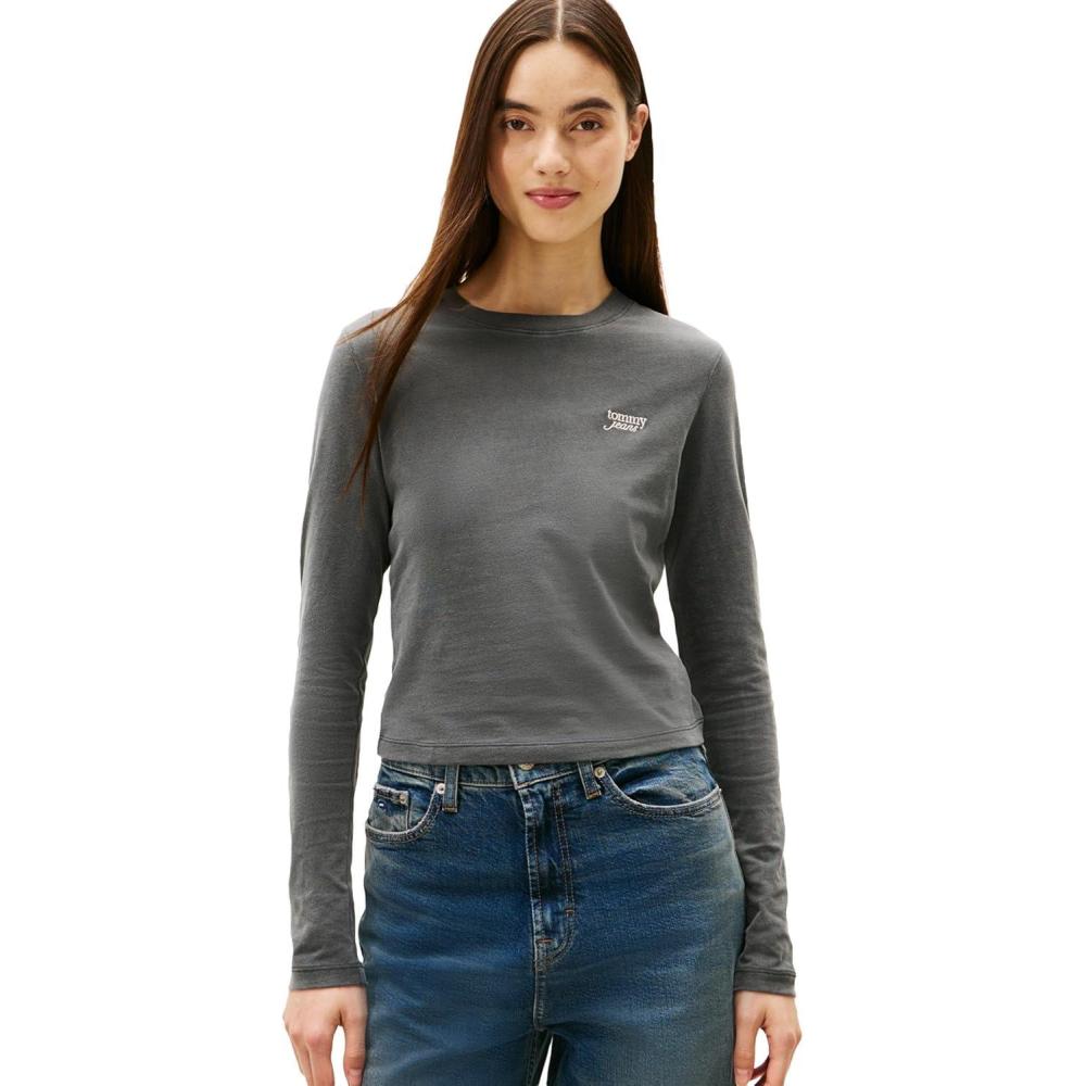 imageTommy Jeans Womens Long Sleeve Cotton Graphic TShirts with Embroidered Script LogoBlack