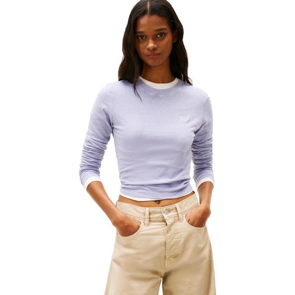 imageTommy Jeans Womens Long Sleeve Cotton Graphic TShirts with Embroidered Script LogoPeriwinkle Dusk