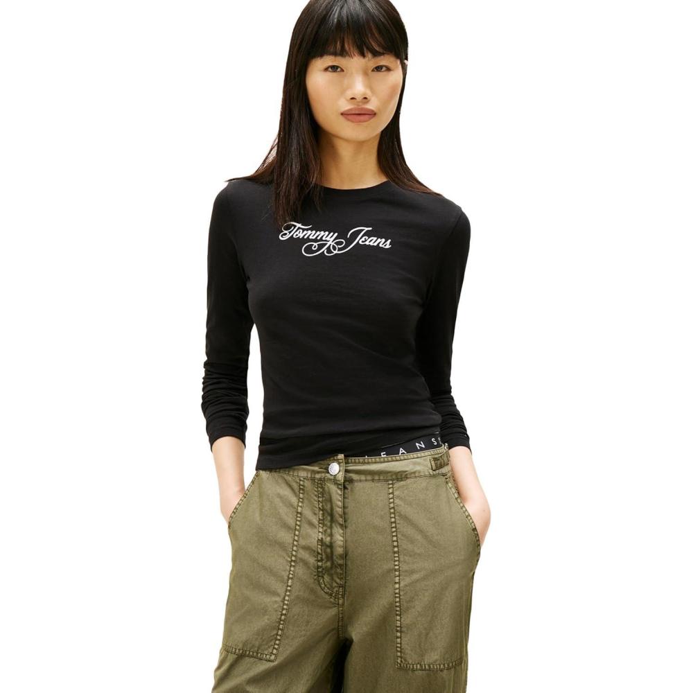 imageTommy Jeans Womens Long Sleeve Cotton Graphic TShirts with Printed Script LogoBlack