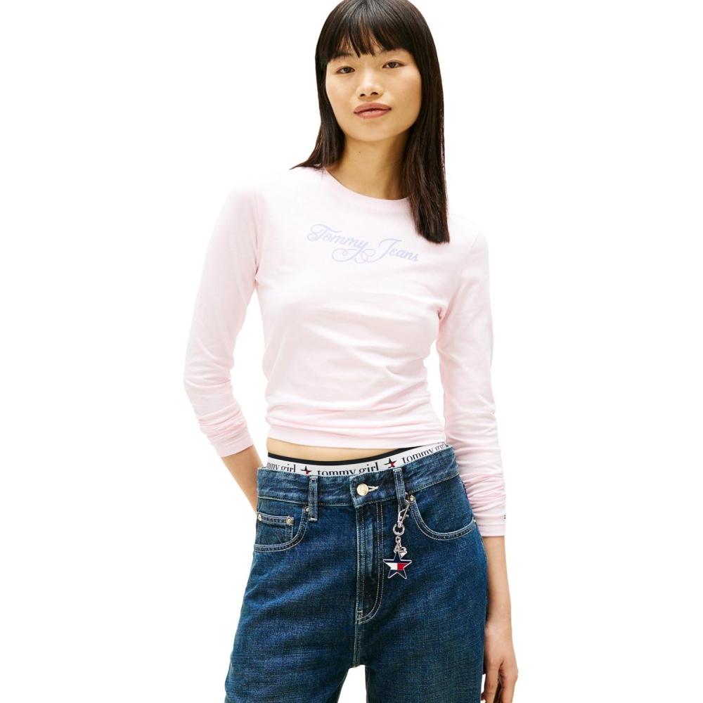 imageTommy Jeans Womens Long Sleeve Cotton Graphic TShirts with Printed Script LogoLight Pink