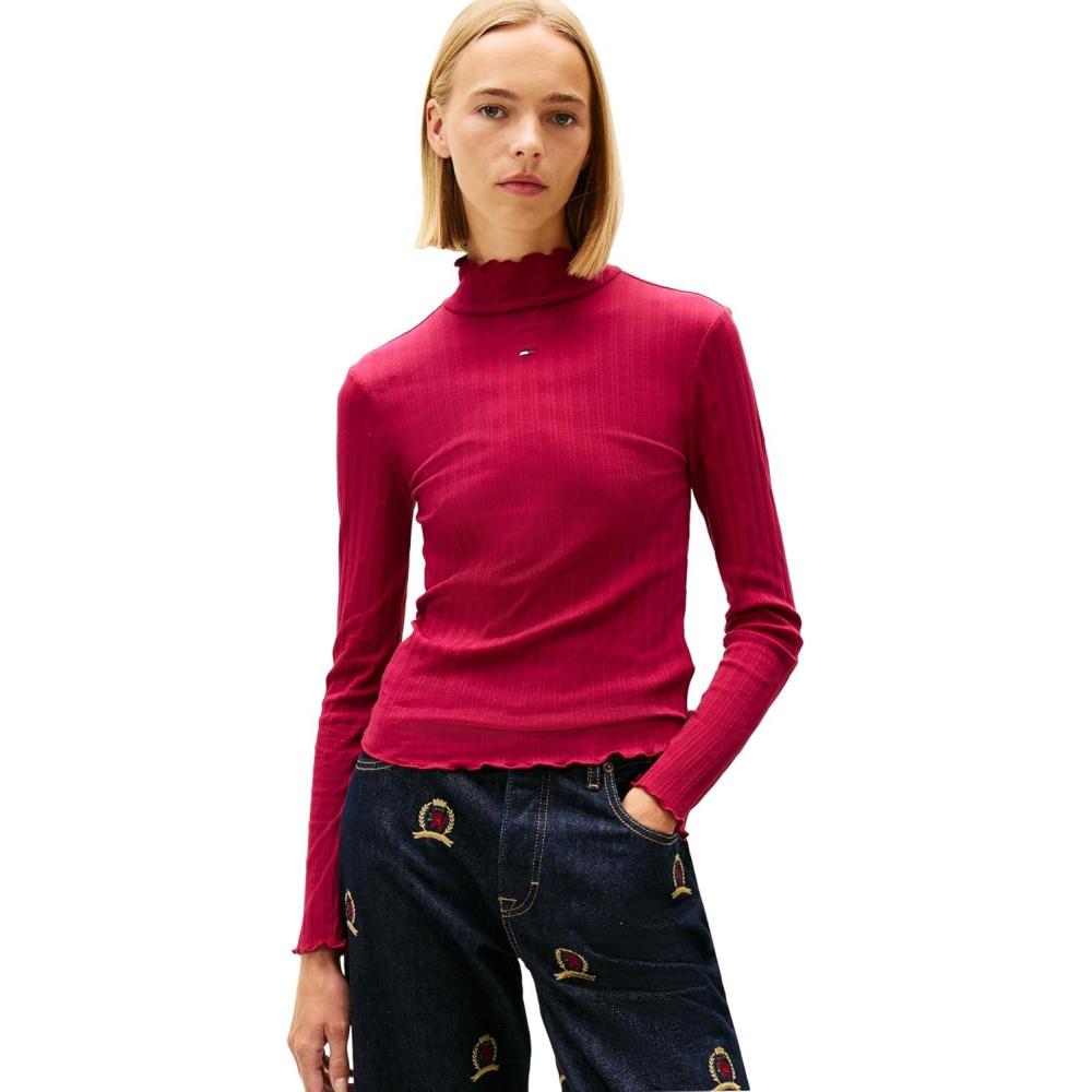 imageTommy Jeans Womens Long Sleeve Cotton Ribbed Graphic Tee with Embroidered Flag LogoLavish Cerise
