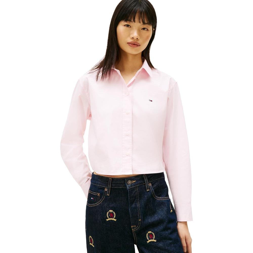 imageTommy Jeans Womens Long Sleeve Cropped Button Up Shirts with Embroidered Flag LogoLight Pink