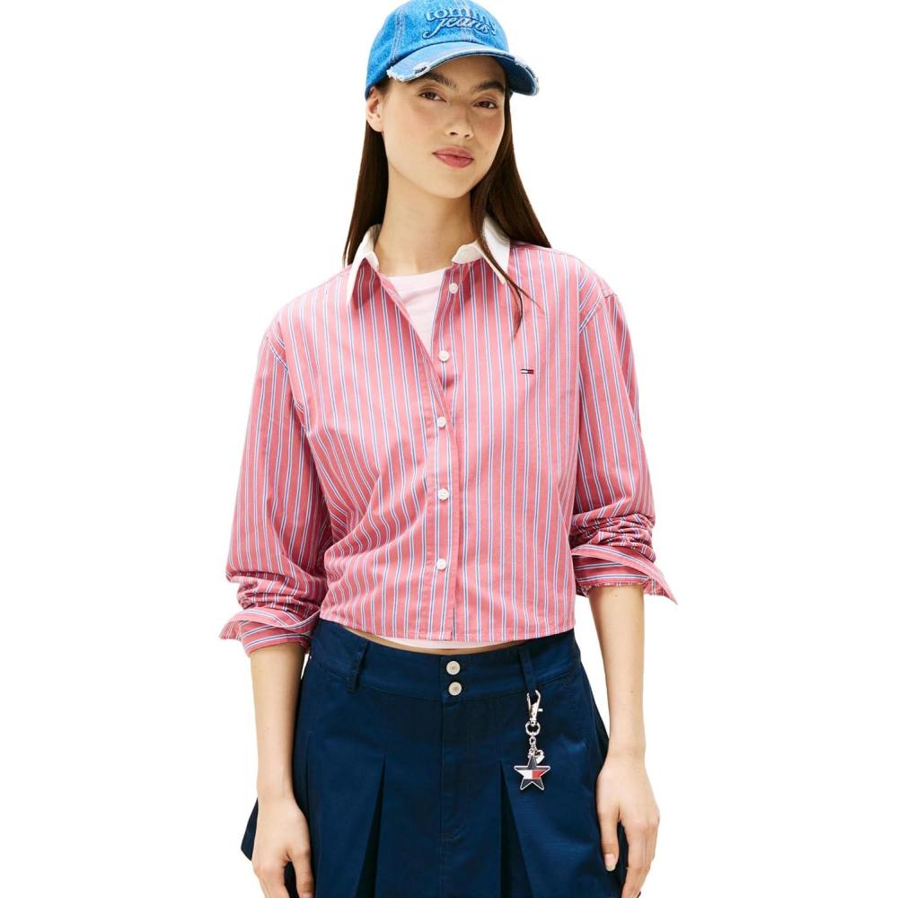 imageTommy Jeans Womens Long Sleeve Cropped Button Up Shirts with Embroidered Flag LogoRuby Dusk Multi Stripe