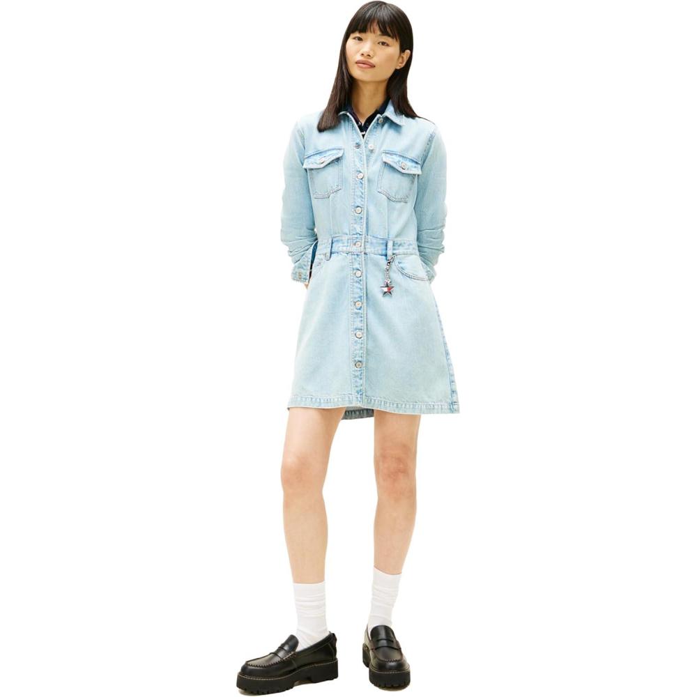 imageTommy Jeans Womens Long Sleeve Denim Trucker Mini Dress with Embroidered Flag LogoDenim Medium