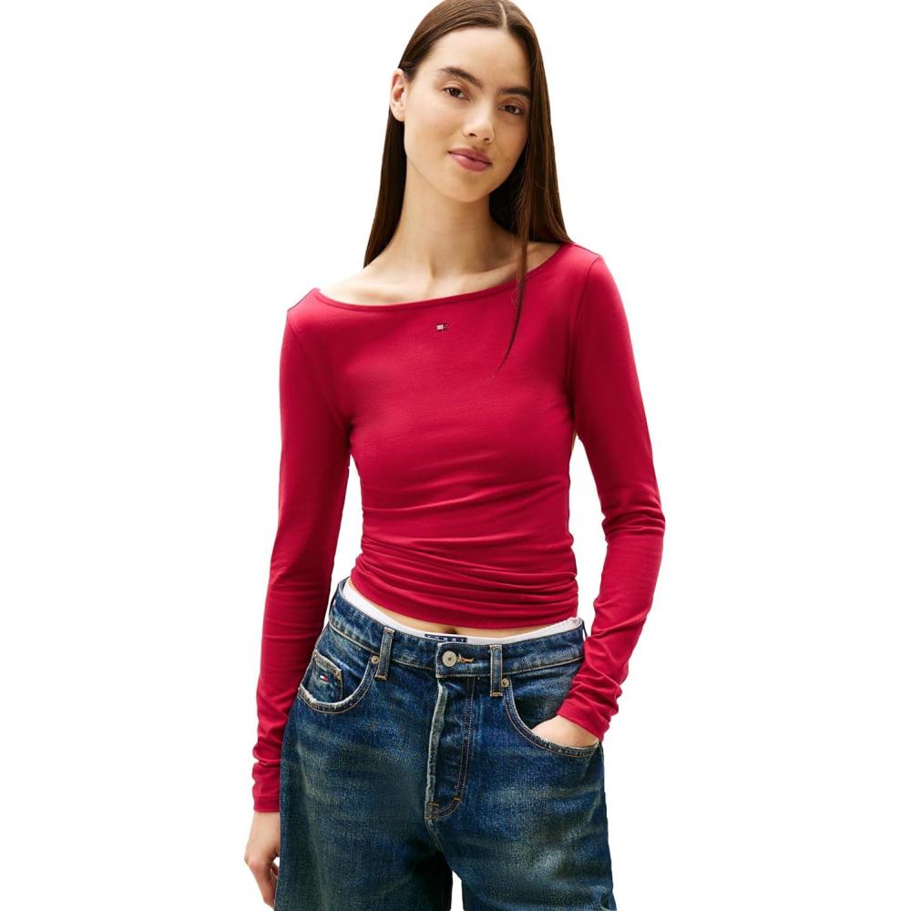 imageTommy Jeans Womens Long Sleeve Graphic Tee with Rhinestone Flag Logo and Tie BackRuby Rhubarb