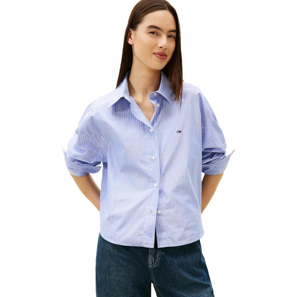imageTommy Jeans Womens Long Sleeve Oversized Button Up Shirts with Metallic Stripe DetailLight Blue