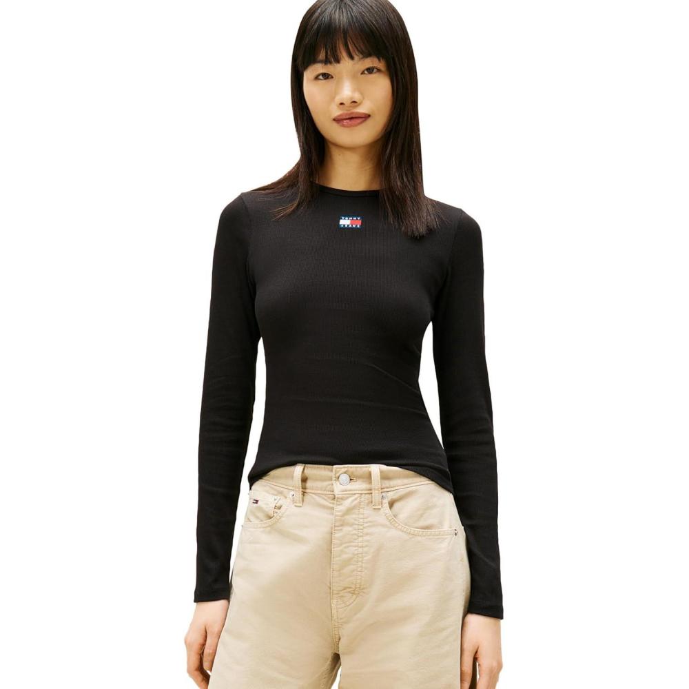 imageTommy Jeans Womens Long Sleeve Ribbed Graphic Tee with Embroidered Flag DetailBlack