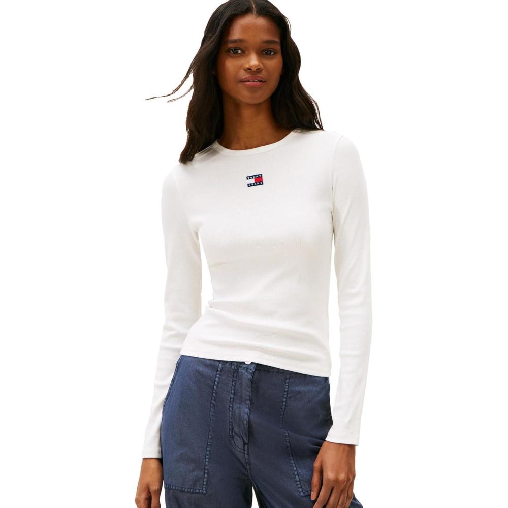 imageTommy Jeans Womens Long Sleeve Ribbed Graphic Tee with Embroidered Flag DetailEcru