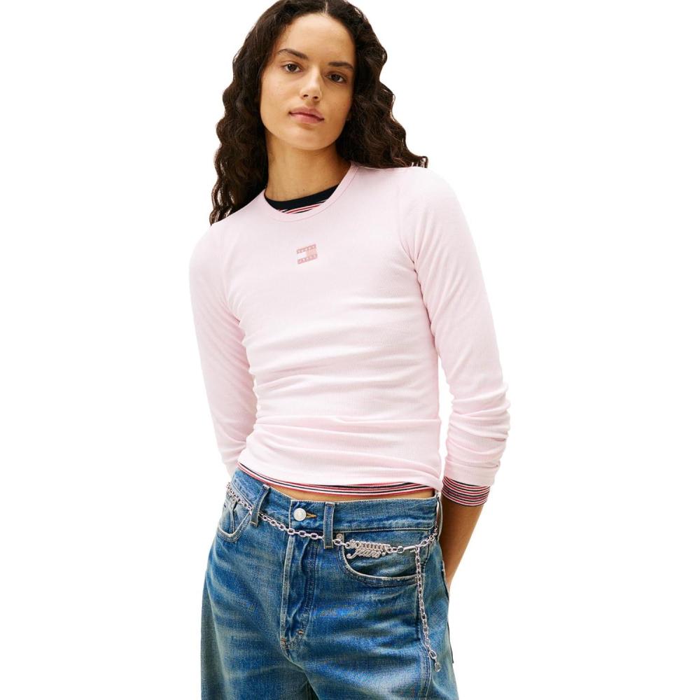 imageTommy Jeans Womens Long Sleeve Ribbed Graphic Tee with Embroidered Flag DetailLight Pink