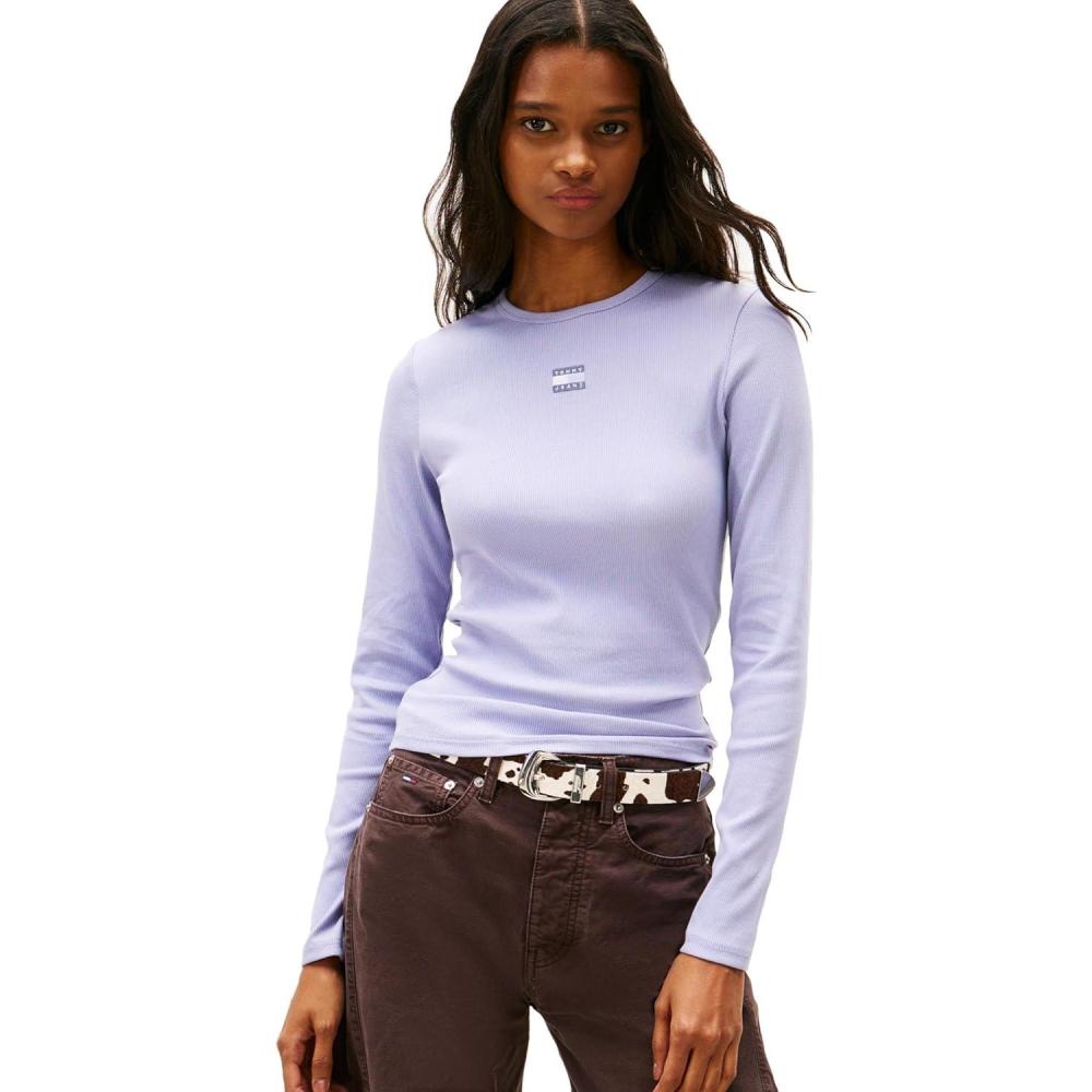 imageTommy Jeans Womens Long Sleeve Ribbed Graphic Tee with Embroidered Flag DetailPeriwinkle Dusk