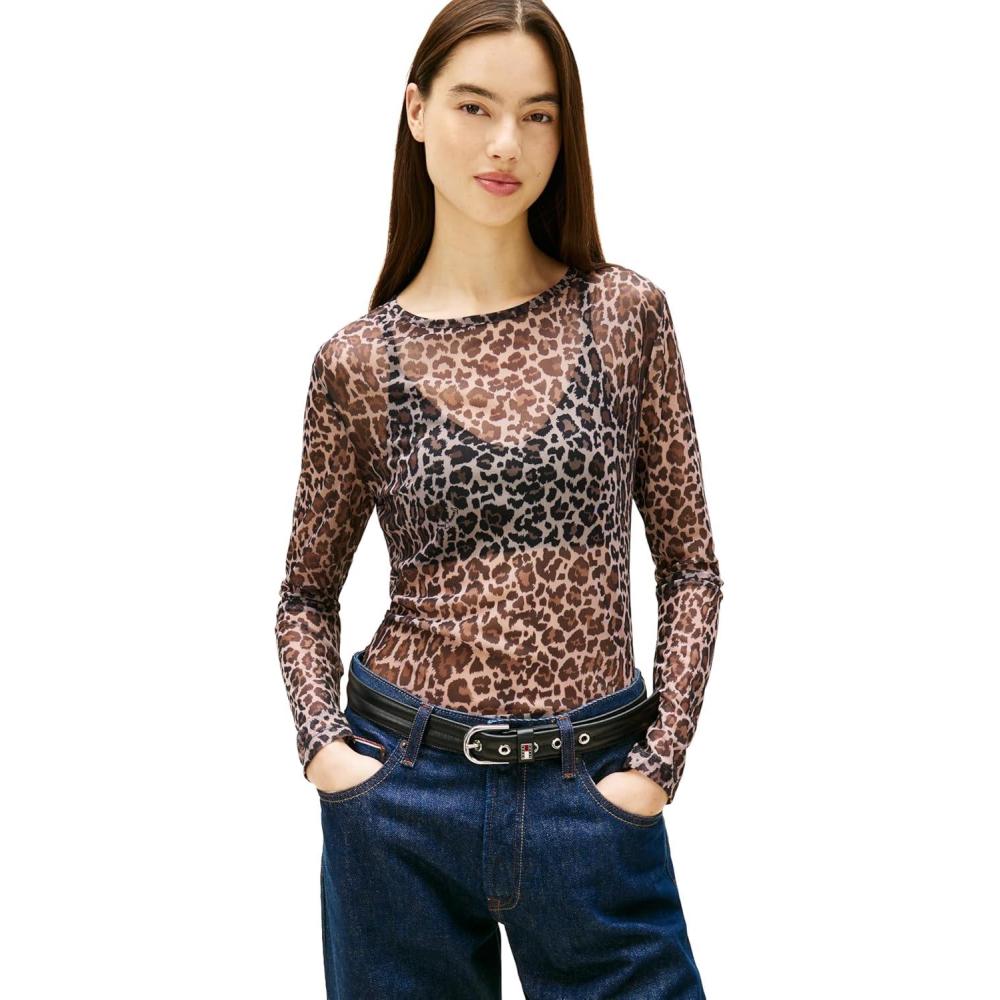 imageTommy Jeans Womens Long Sleeve Slim Fit Printed Mesh TopLeopard