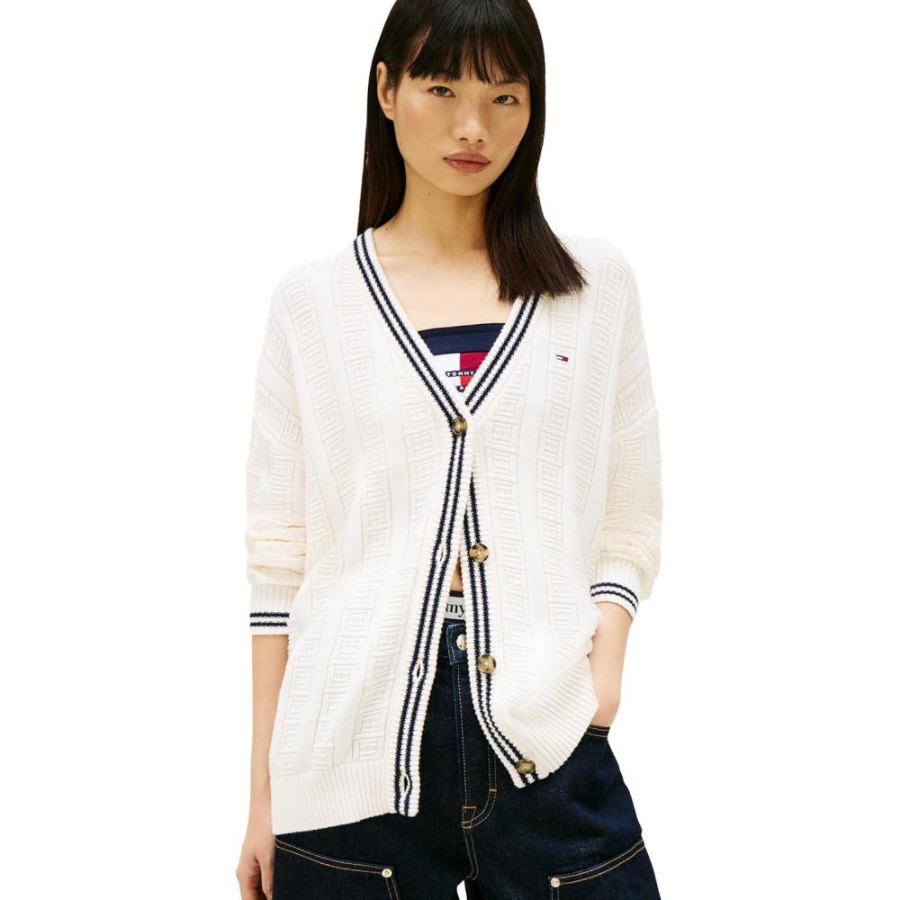 imageTommy Jeans Womens Medium Weight Cotton Cable Cardigan with Knit Flag PrintAncient White