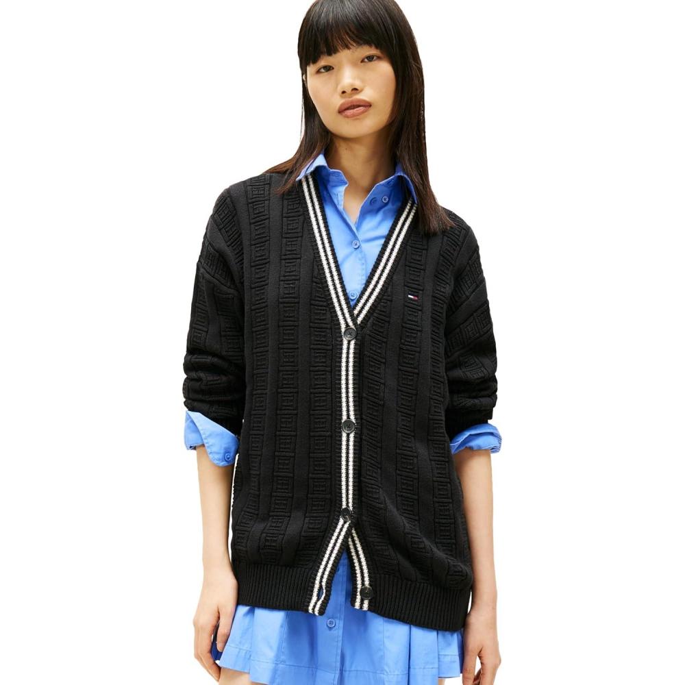 imageTommy Jeans Womens Medium Weight Cotton Cable Cardigan with Knit Flag PrintBlack