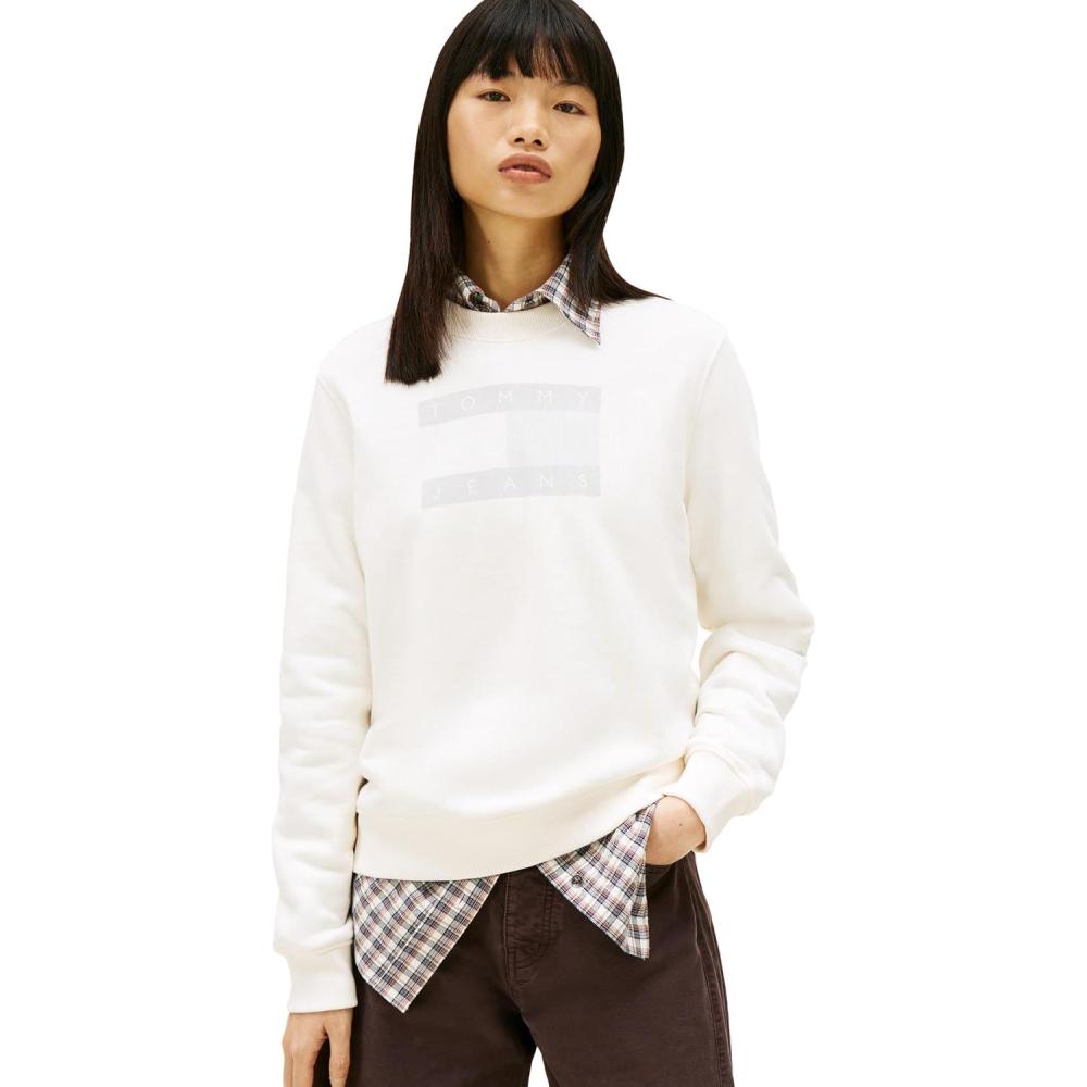 imageTommy Jeans Womens Medium Weight Pullover Crewneck With Flag Logo DetailAncient White Tonal