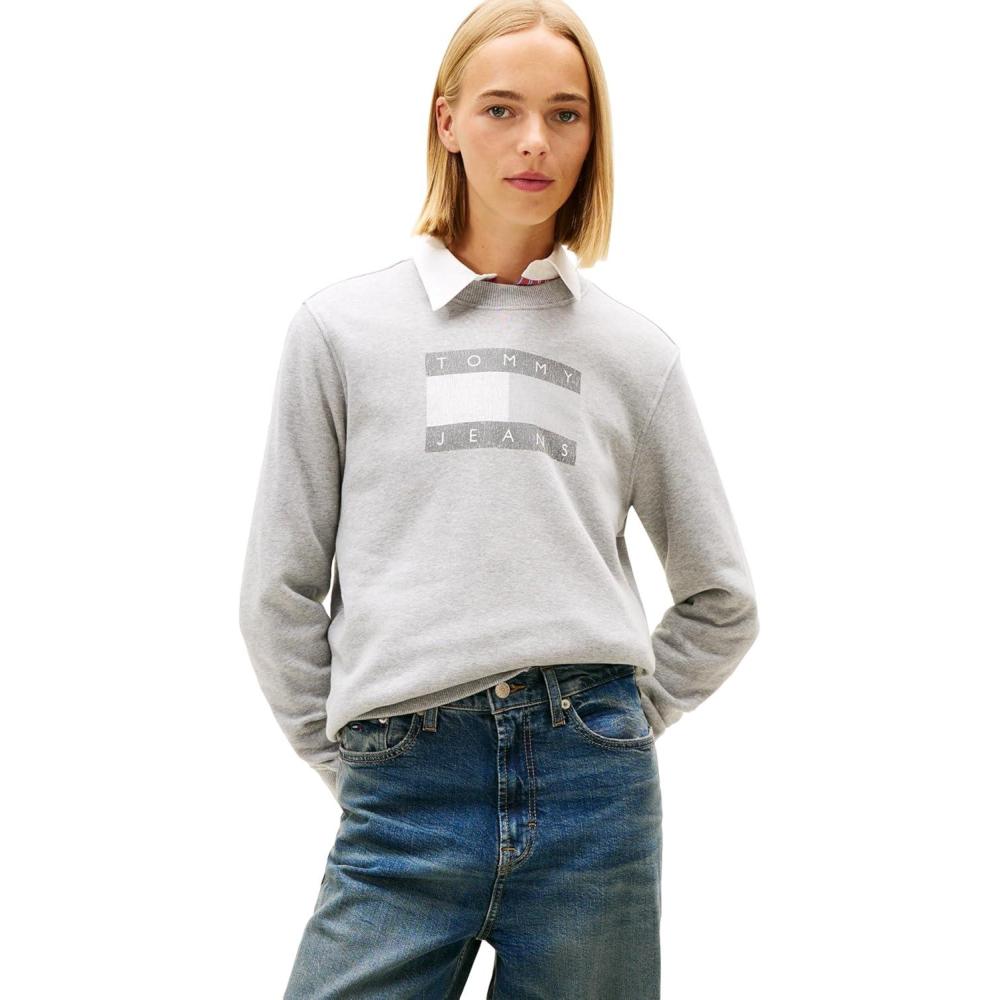 imageTommy Jeans Womens Medium Weight Pullover Crewneck With Flag Logo DetailTonal Mid Grey Heather