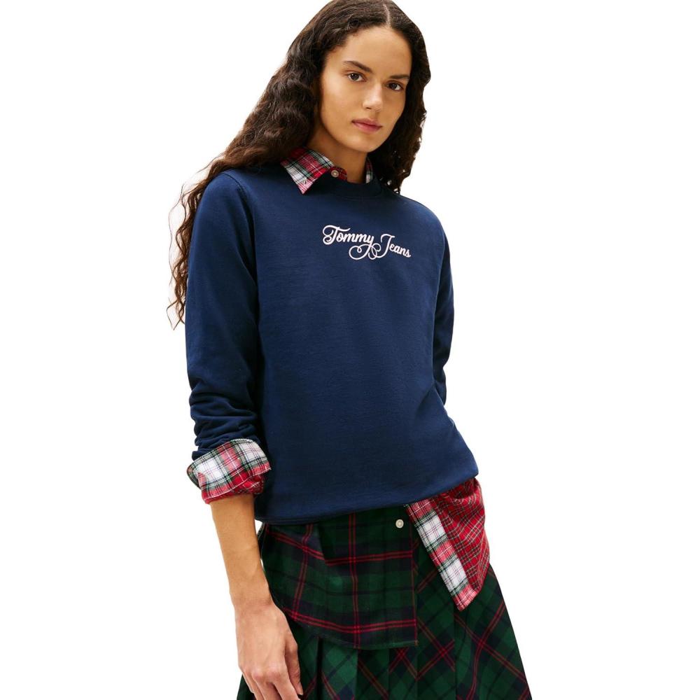 imageTommy Jeans Womens Medium Weight Pullover Crewneck With Printed Script LogoDark Night Navy