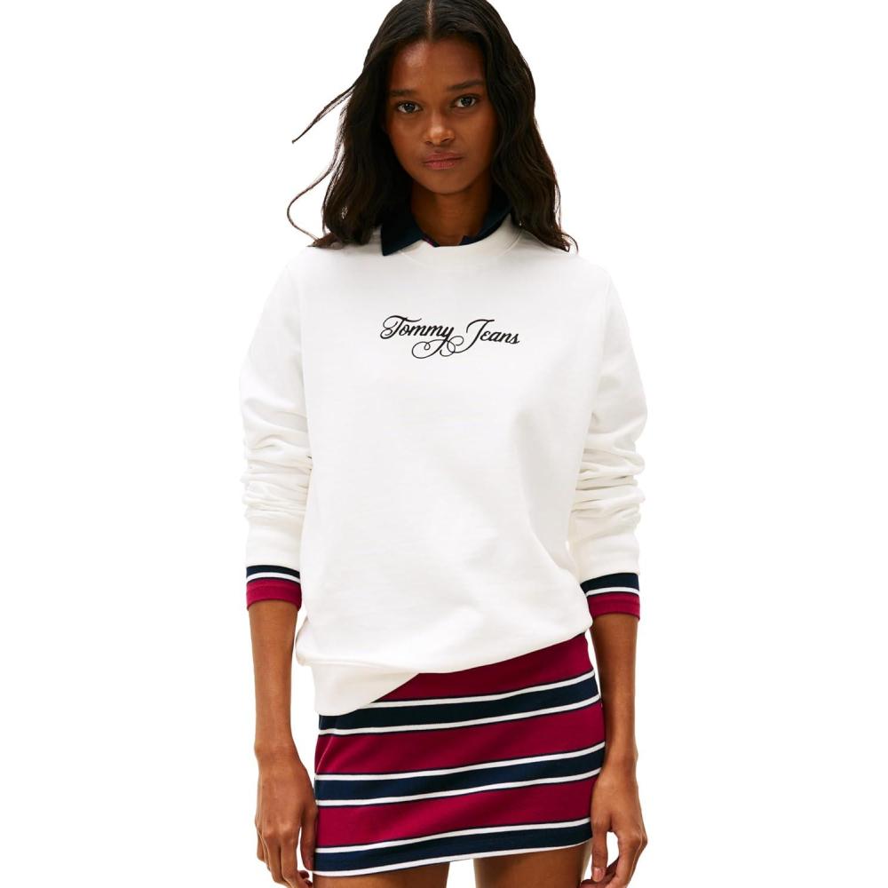imageTommy Jeans Womens Medium Weight Pullover Crewneck With Printed Script LogoEcru