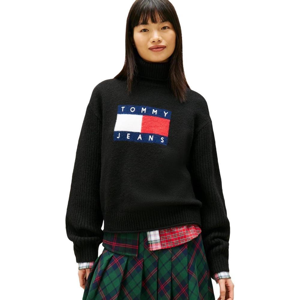 imageTommy Jeans Womens Medium Weight Wool Blend Turtleneck Sweater with Big Fag LogoBlack