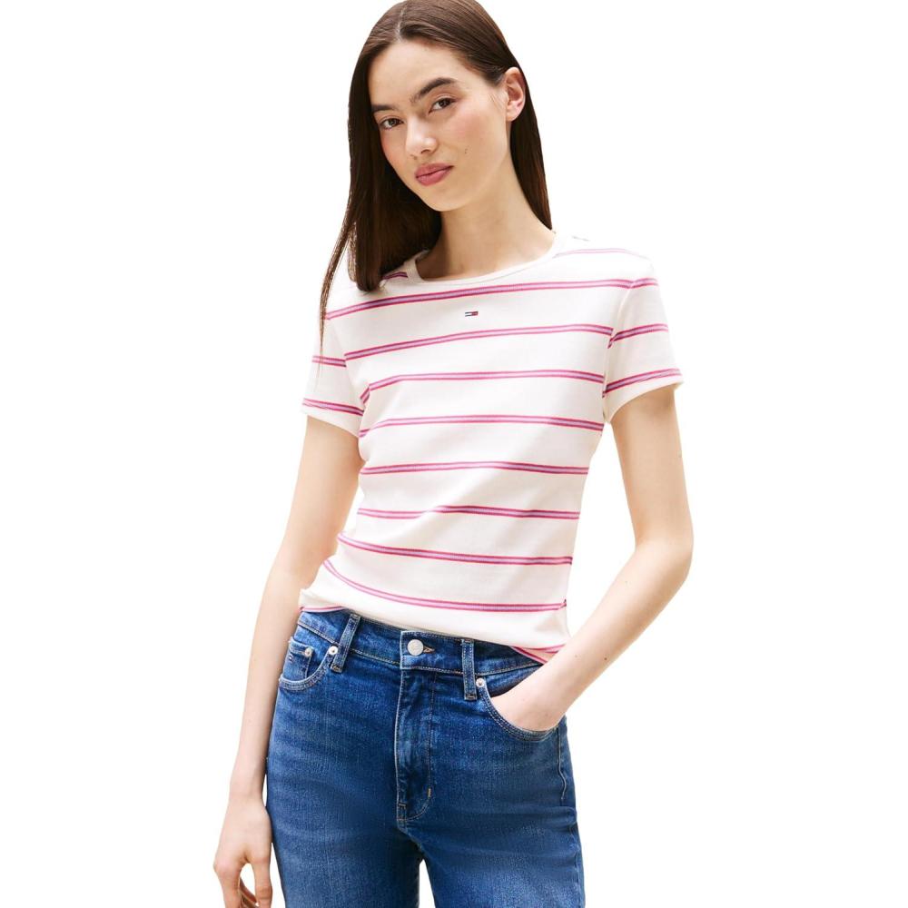 imageTommy Jeans Womens Ribbed Graphic Tee with Embroidered Flag DetailAncient White Cerise Stripe