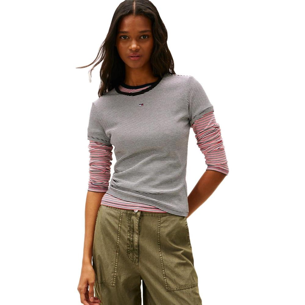 imageTommy Jeans Womens Ribbed Graphic Tee with Embroidered Flag DetailBlack White Stripe