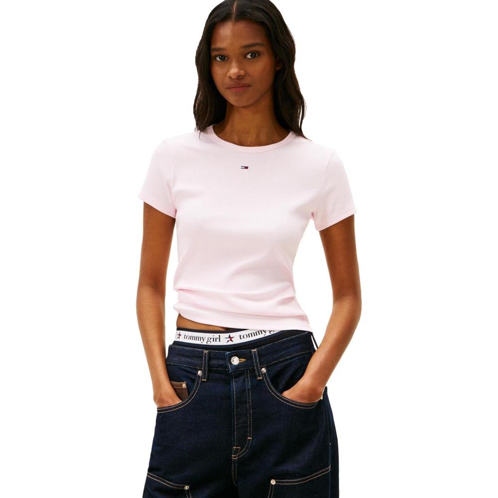 imageTommy Jeans Womens Ribbed Graphic Tee with Embroidered Flag DetailLight Pink
