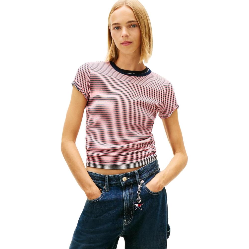 imageTommy Jeans Womens Ribbed Graphic Tee with Embroidered Flag DetailRed Navy White Mini Stripe