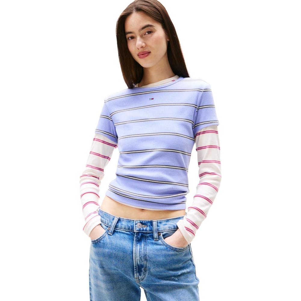 imageTommy Jeans Womens Ribbed Graphic Tee with Embroidered Flag DetailVintage Iris  Stripe