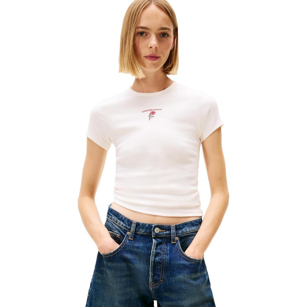 imageTommy Jeans Womens Ribbed Graphic Tee with Embroidered Rose Logo DetailAncient White