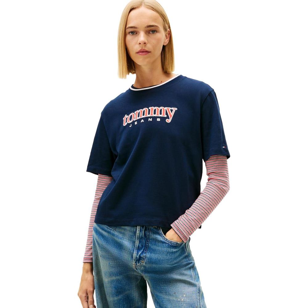 imageTommy Jeans Womens Short Sleeve Cotton Graphic TShirt with Applique Logo DetailDark Night Navy