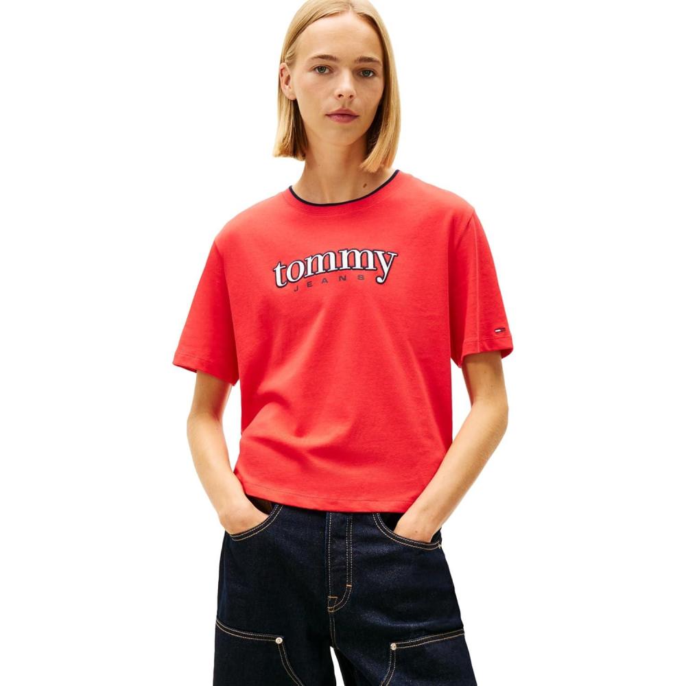 imageTommy Jeans Womens Short Sleeve Cotton Graphic TShirt with Applique Logo DetailRed Alert