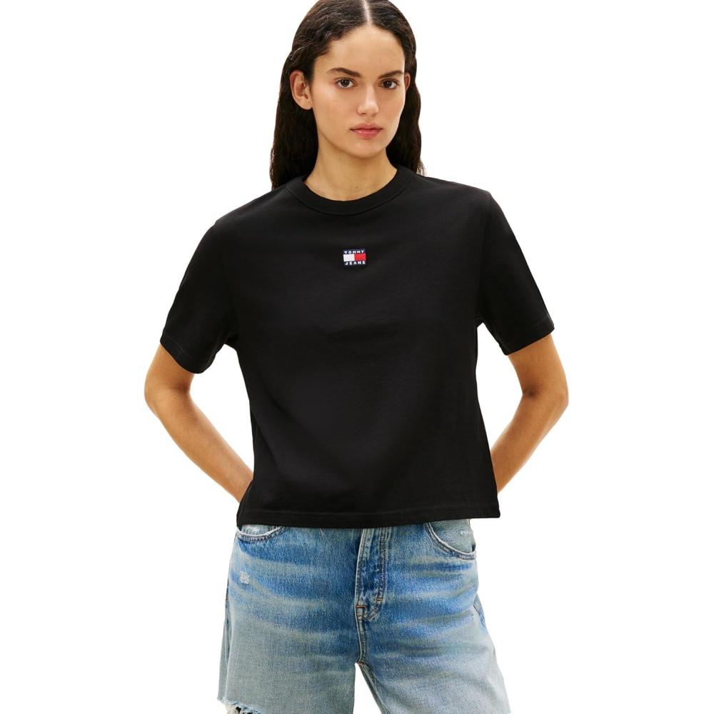 imageTommy Jeans Womens Short Sleeve Cotton Graphic TShirt with Embroidered Flag LogoBlack