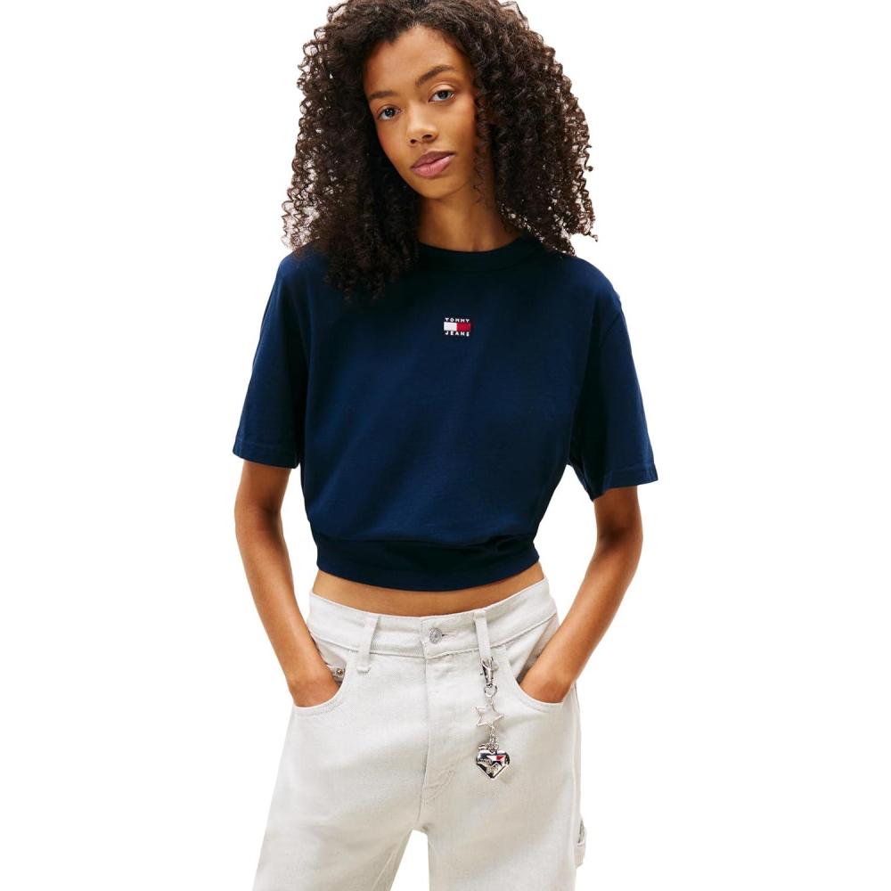 imageTommy Jeans Womens Short Sleeve Cotton Graphic TShirt with Embroidered Flag LogoDark Night Navy