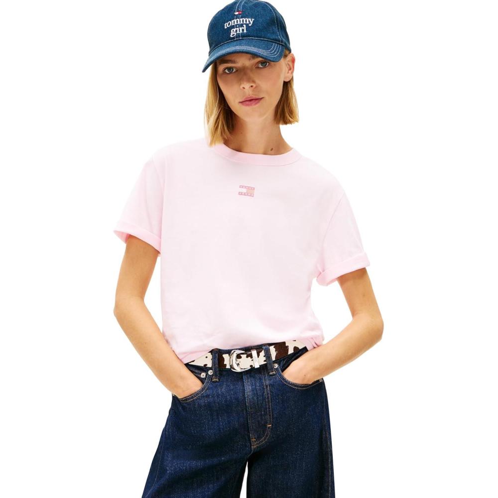 imageTommy Jeans Womens Short Sleeve Cotton Graphic TShirt with Embroidered Flag LogoLight Pink