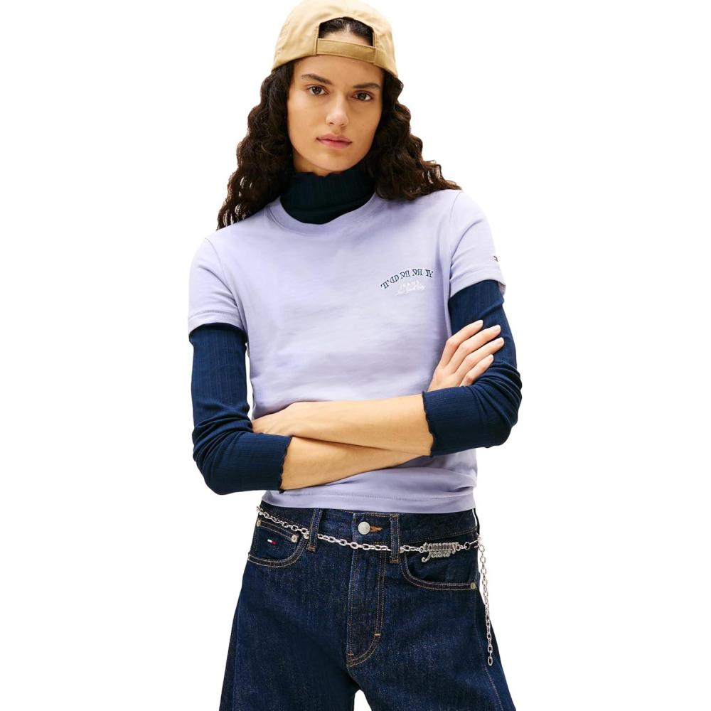 imageTommy Jeans Womens Short Sleeve Cotton Graphic TShirt with Printed Stacked Back GraphicPeriwinkle Dusk