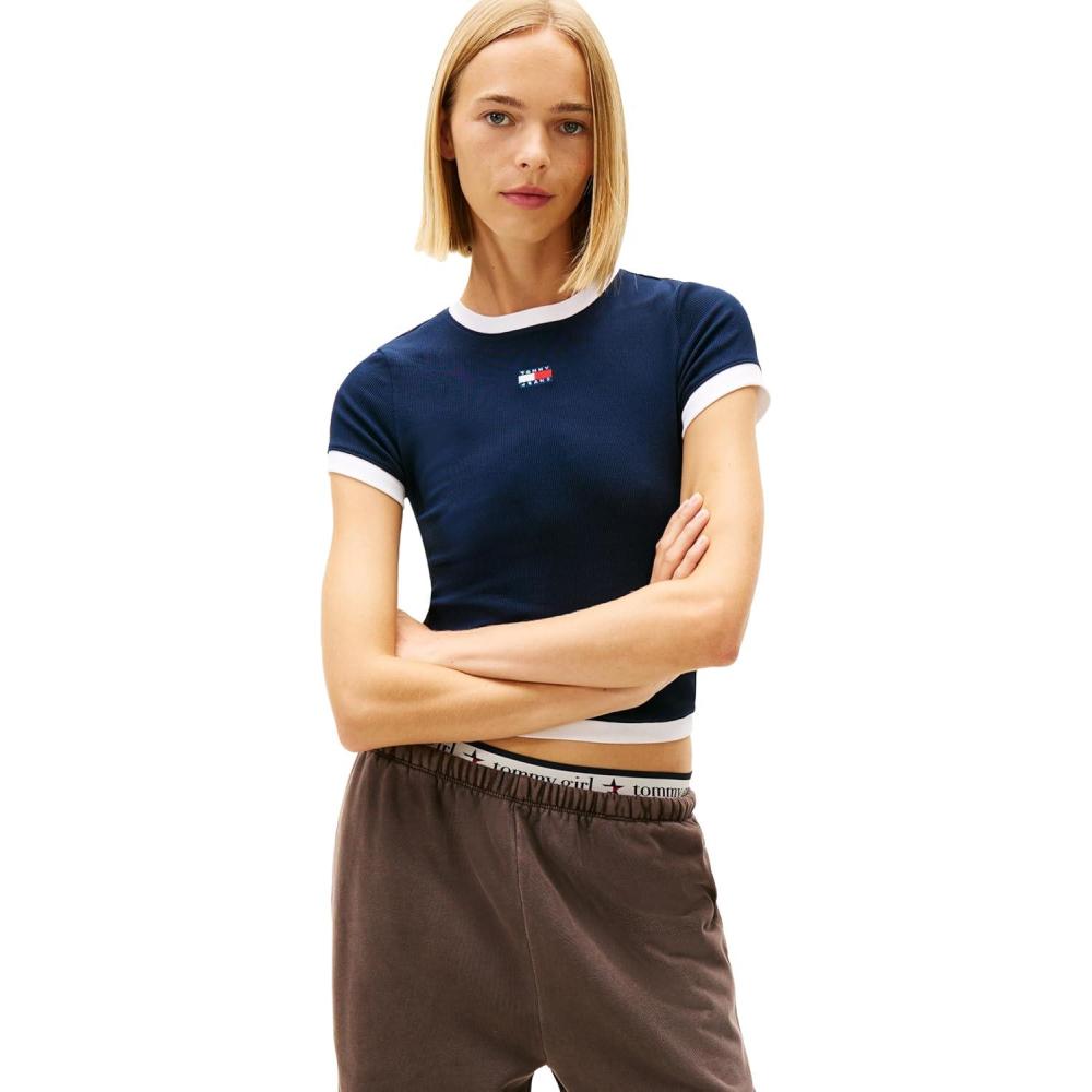 imageTommy Jeans Womens Short Sleeve Cotton Graphic TShirts with Embroidered Badge LogoDark Night Navy