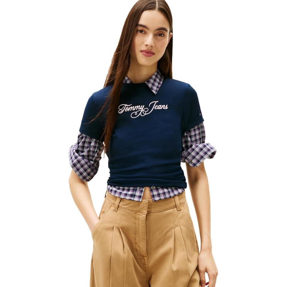 imageTommy Jeans Womens Short Sleeve Cotton Graphic TShirts with Printed Script LogoDark Night Navy