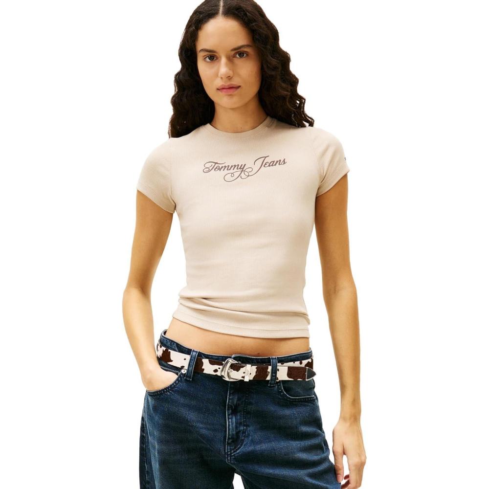 imageTommy Jeans Womens Short Sleeve Cotton Graphic TShirts with Printed Script LogoGulf Sand