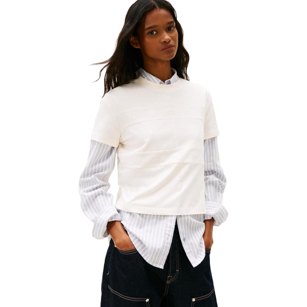 imageTommy Jeans Womens Short Sleeve Cotton Graphic TShirts with Tonal Embroidered Flag LogoAncient White
