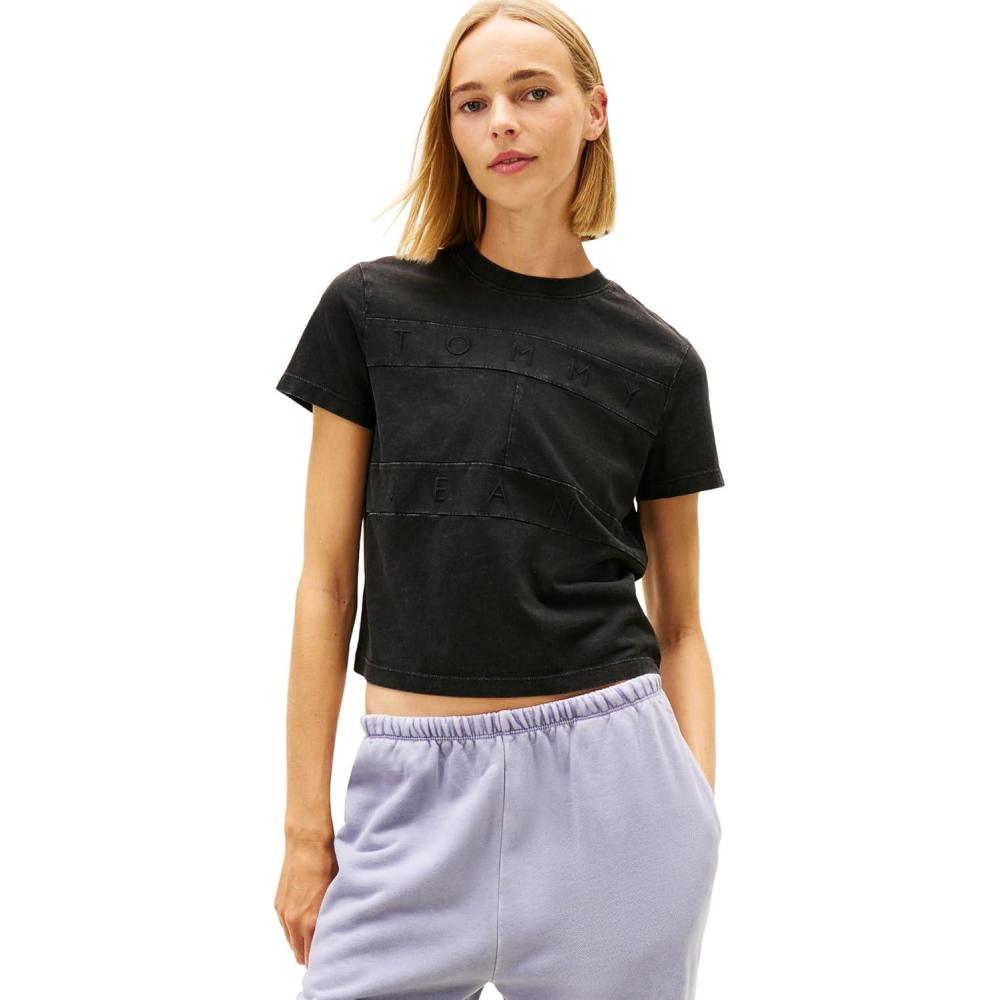 imageTommy Jeans Womens Short Sleeve Cotton Graphic TShirts with Tonal Embroidered Flag LogoBlack