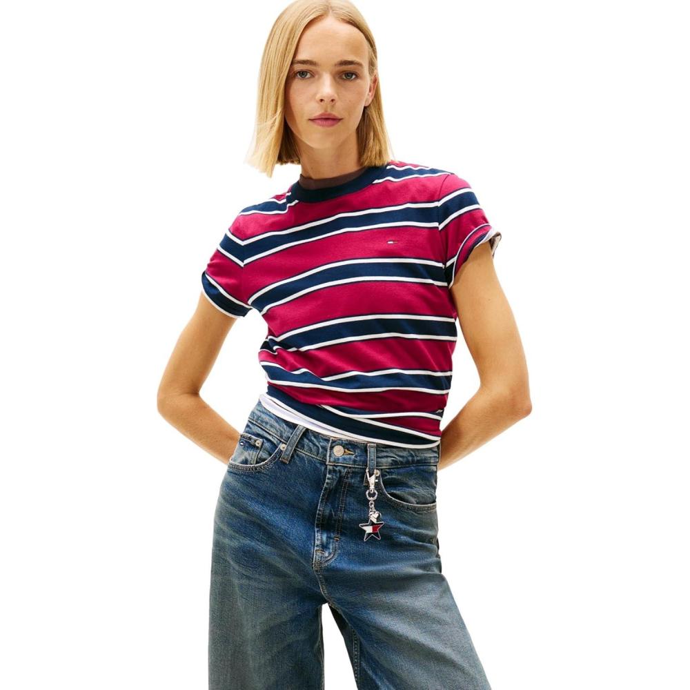 imageTommy Jeans Womens Short Sleeve Cotton Striped TShirts with Embroidered Flag LogoLavish Cerise Multi Stripe