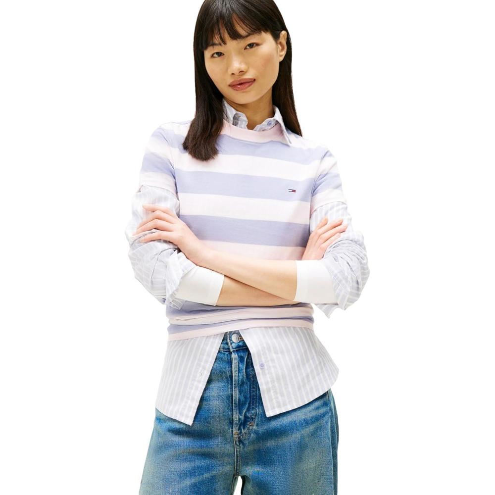 imageTommy Jeans Womens Short Sleeve Cotton Striped TShirts with Embroidered Flag LogoPeriwinkle Dust  Multi Stripe