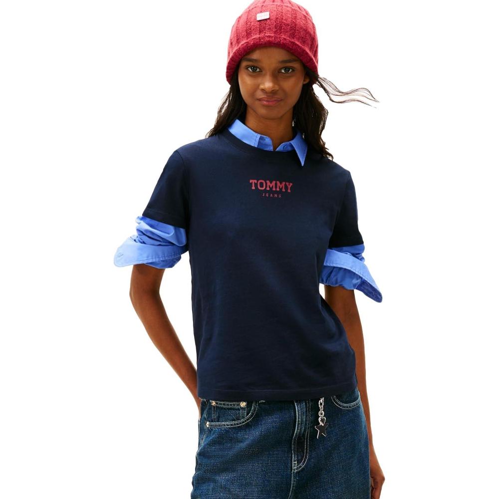 imageTommy Jeans Womens Short Sleeve Essential Cotton Graphic TShirt with Printed LogoDark Night Navy