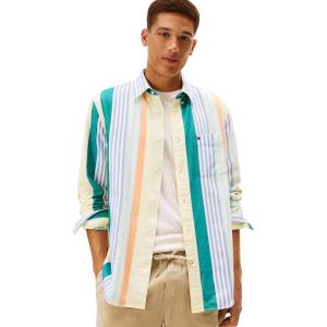 Tommy Hilfiger Men’s Heritage Oxford Solid Regular Long Sleeve Shirts(Citronella / Multi Stripe)