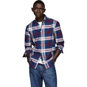 Tommy Hilfiger Men’s Heritage Oxford Solid Regular Long Sleeve Shirts(Deep Indigo / Rouge Check)