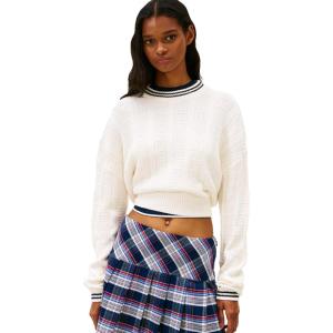 Tommy Jeans Women’s Cotton Cable Pullover Crewneck Sweater with Knit Flag Print(Ancient White)
