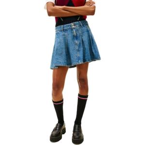 Tommy Jeans Women’s Denim Pleated Mini Skirt with Embroidered Flag Logo(Denim Medium)